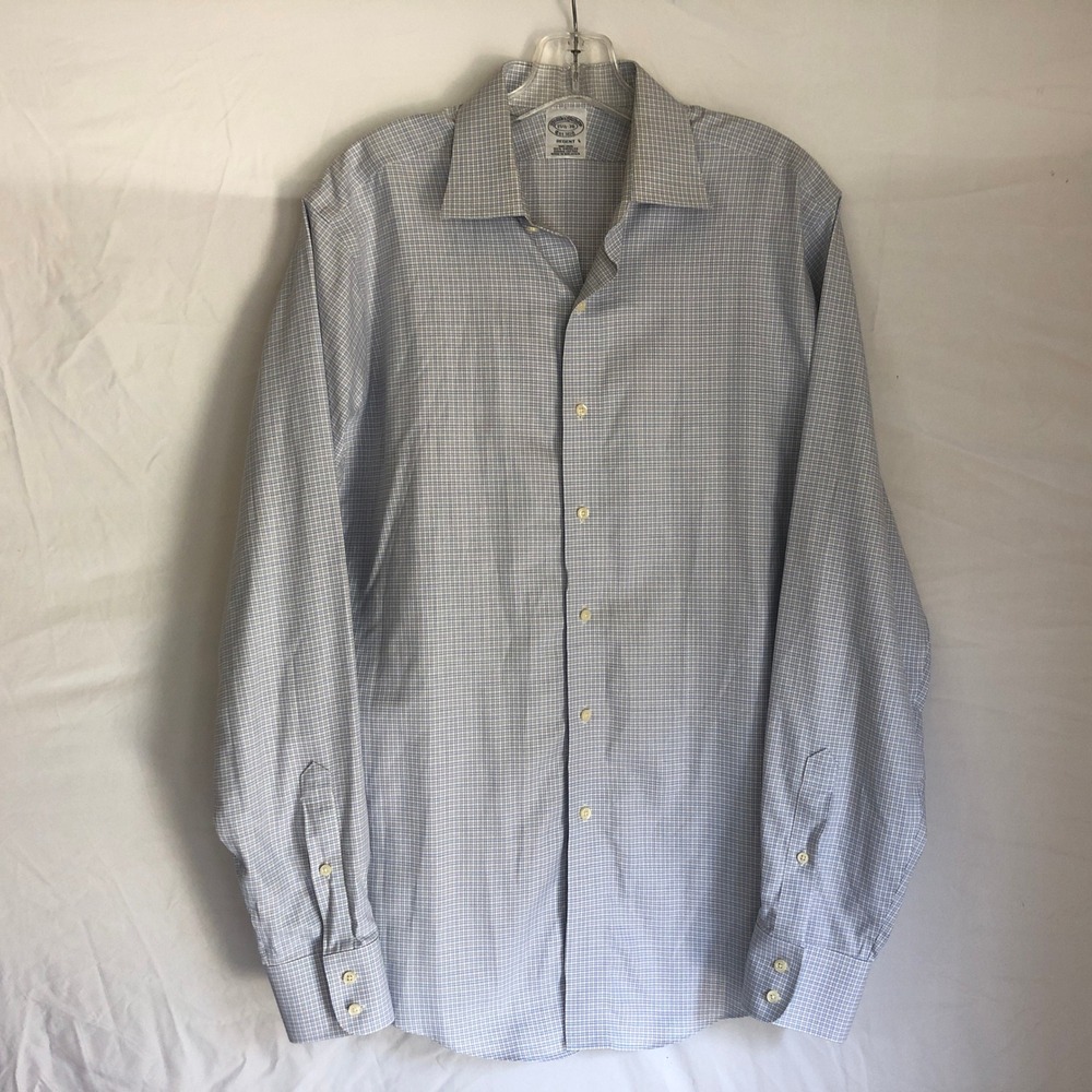 Brooks Brothers Regent Fit Non-Iron Shirt 15.5 36 Blue Check Supima Cotton Mens